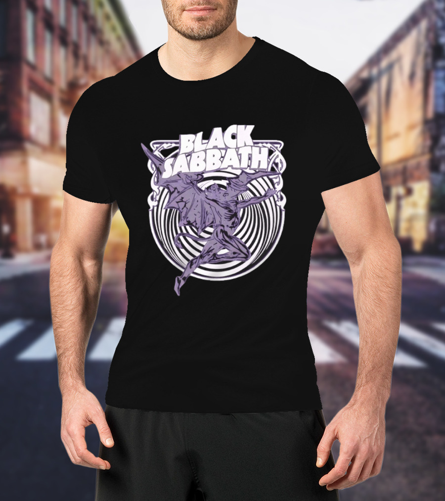 Black Sabbath Flying Devil With Striped Background Iconic Heavy Metal T-Shirt