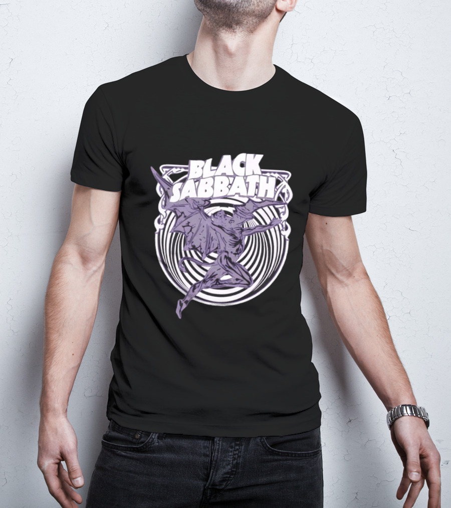 Black Sabbath Flying Devil With Striped Background Iconic Heavy Metal T-Shirt