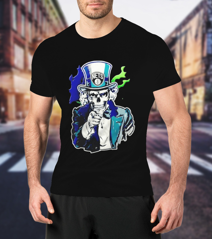 Brooklyn Nets Skeleton Uncle Sam Top Hat Pointing Stripes T-Shirt