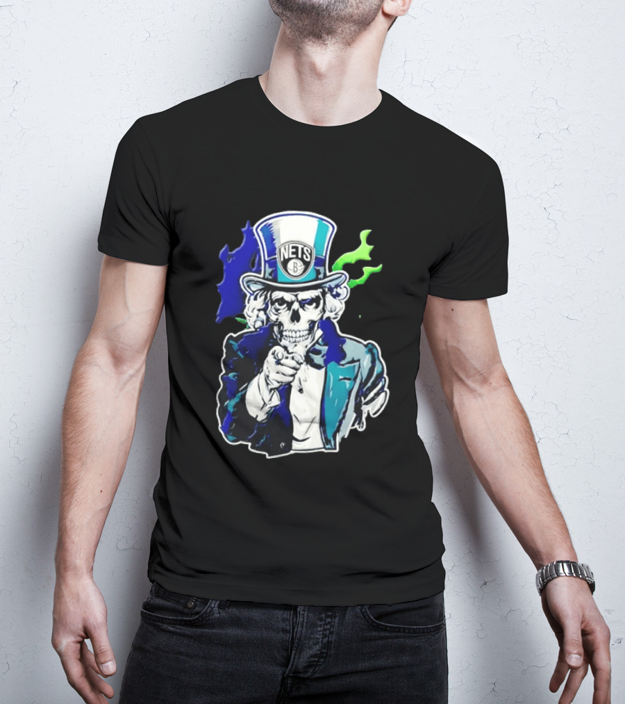 Brooklyn Nets Skeleton Uncle Sam Top Hat Pointing Stripes T-Shirt