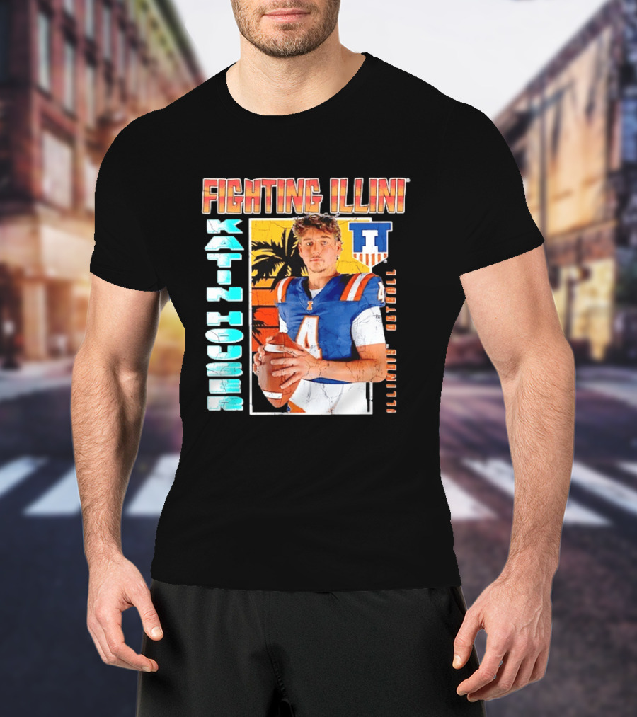 Fighting Illini Katin Houser Illinois Football Distressed Palm Tree T-Shirt