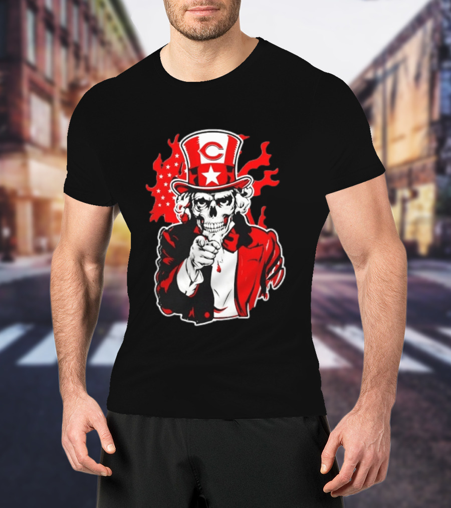 Cincinnati Reds Skeleton Uncle Sam Pointing US Flag Flames T-Shirt
