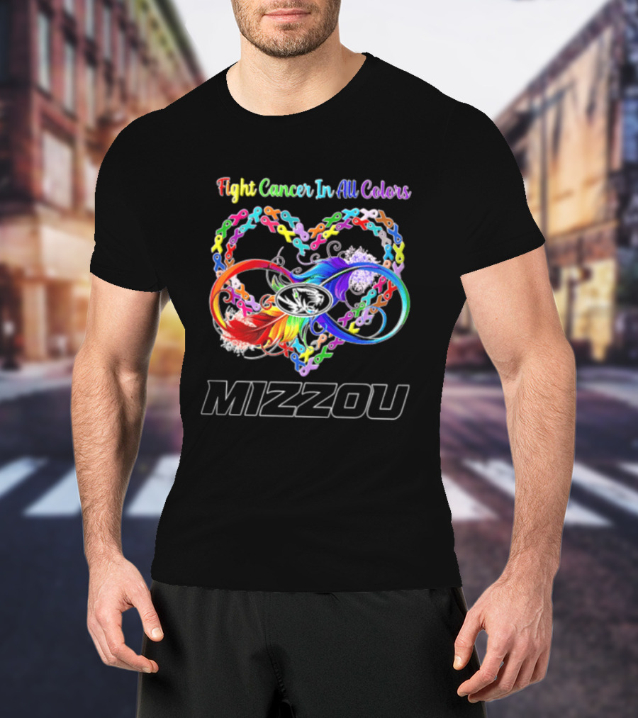 Mizzou Fight Cancer In All Colors Heart Infinity Ribbon Rainbow Feather T-Shirt
