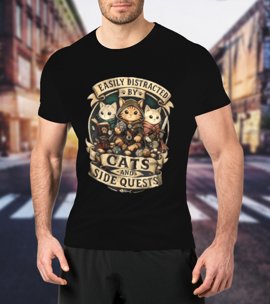 Easily Distracted By Cats And Side Quests Fantasy Adventure Cats T-Shirt