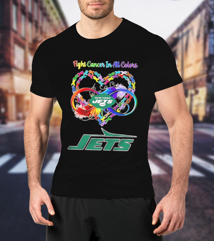 New York Jets Fight Cancer Rainbow Ribbons Infinity Heart Feather T-Shirt