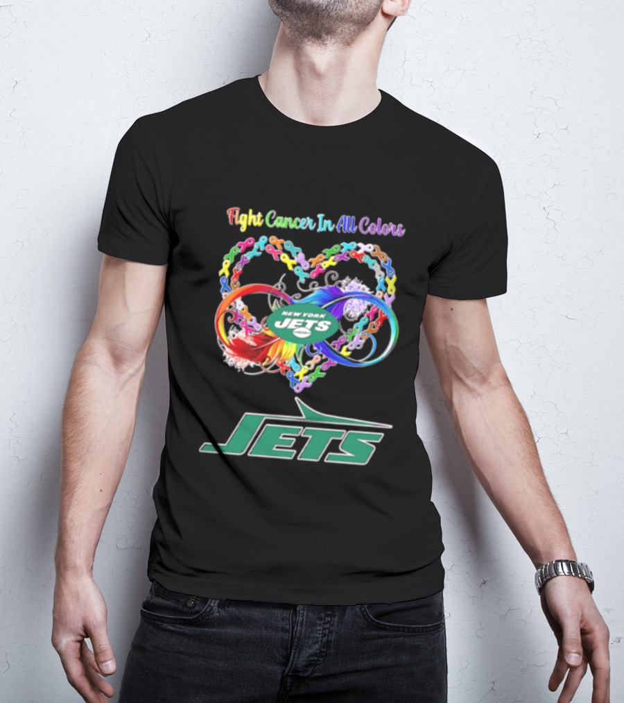 New York Jets Fight Cancer Rainbow Ribbons Infinity Heart Feather T-Shirt