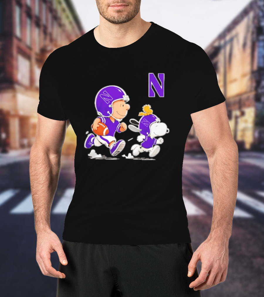 Northwestern Wildcats Charlie Brown Woodstock Snoopy Football Running T-Shirt