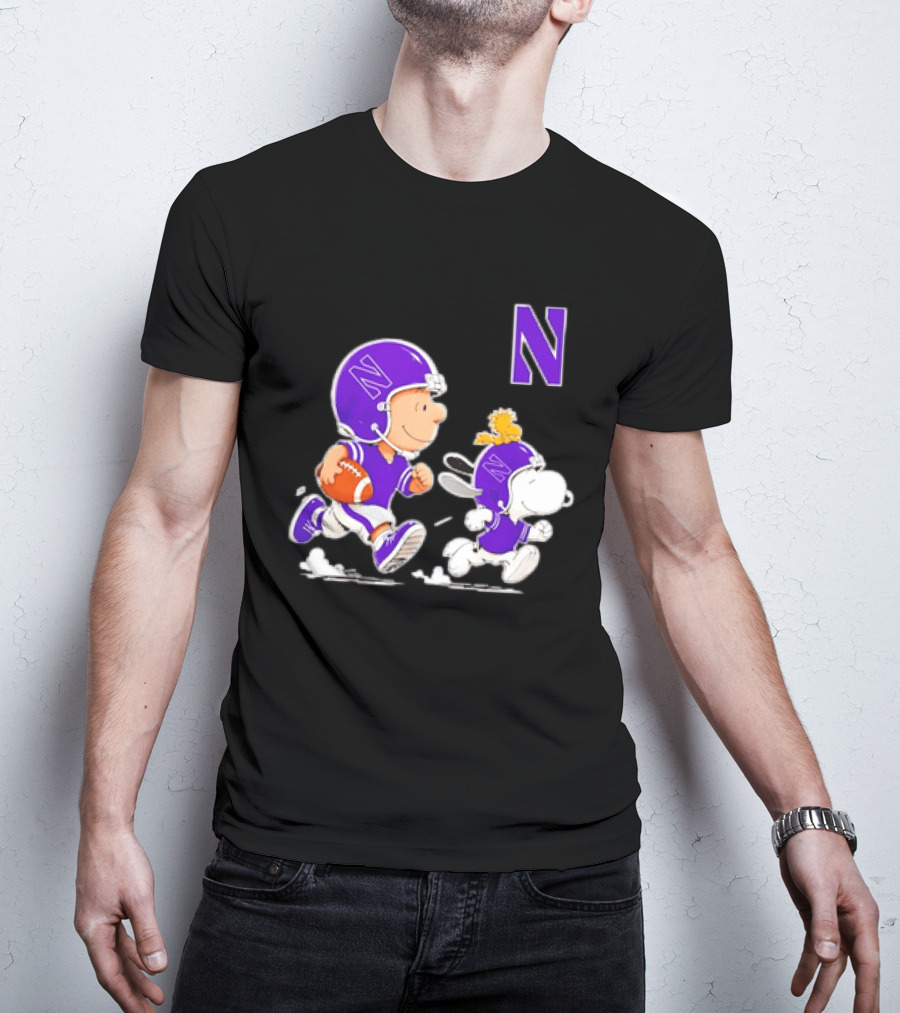 Northwestern Wildcats Charlie Brown Woodstock Snoopy Football Running T-Shirt