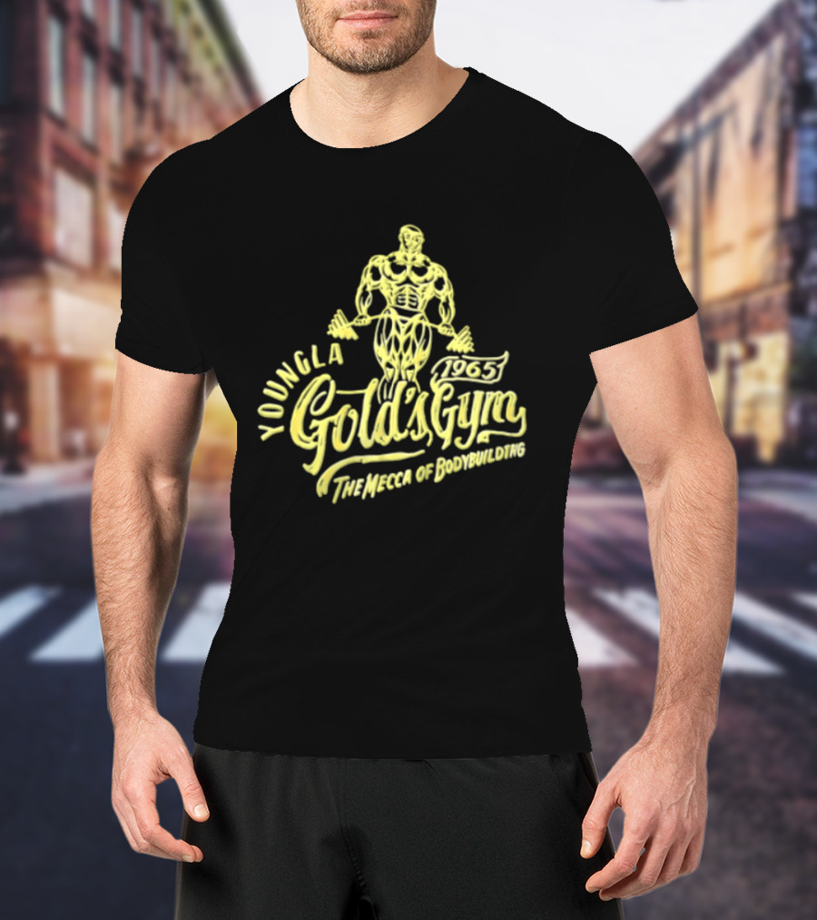 Youngla Golds Gym 1965 The Mecca Of Bodybuilding Muscular Man Holding Barbell T-Shirt