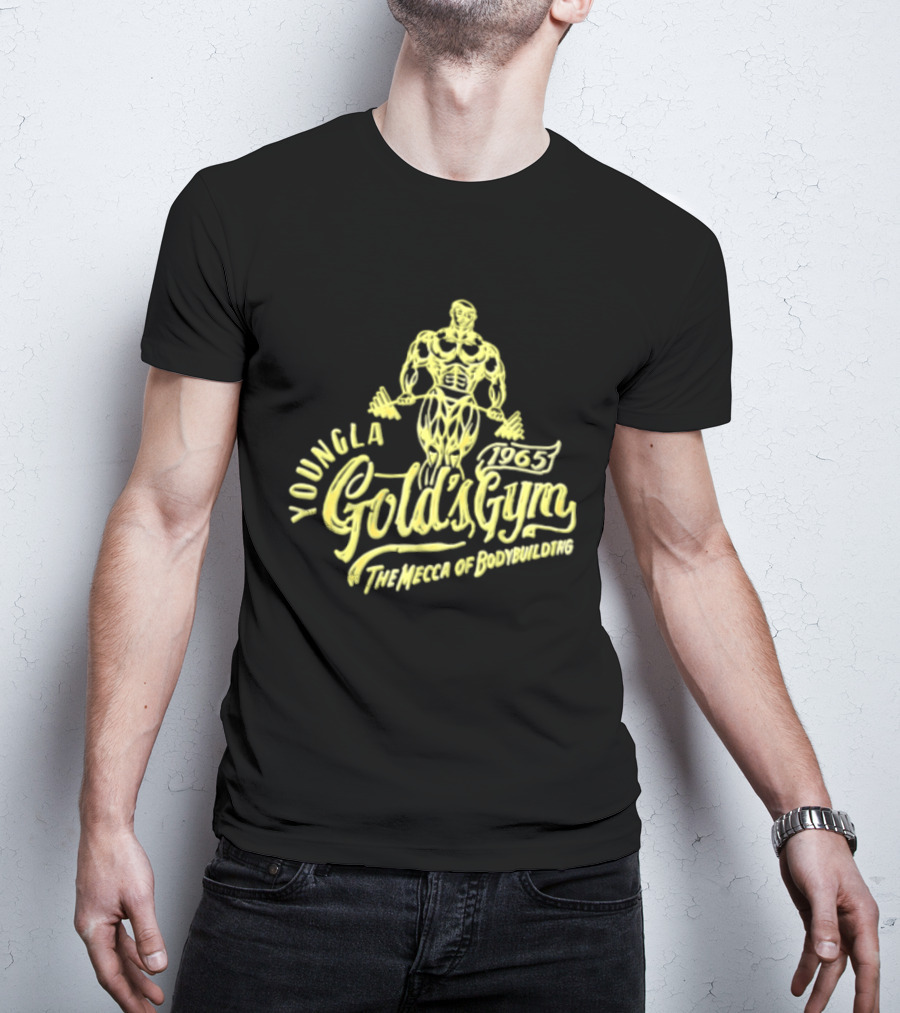 Youngla Golds Gym 1965 The Mecca Of Bodybuilding Muscular Man Holding Barbell T-Shirt
