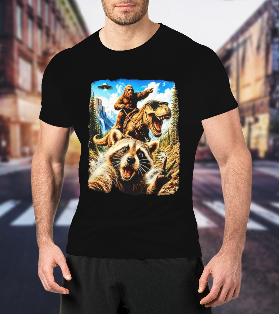 Raccoon Selfie Bigfoot Rex Adventure With UFO And Mountains T-Shirt