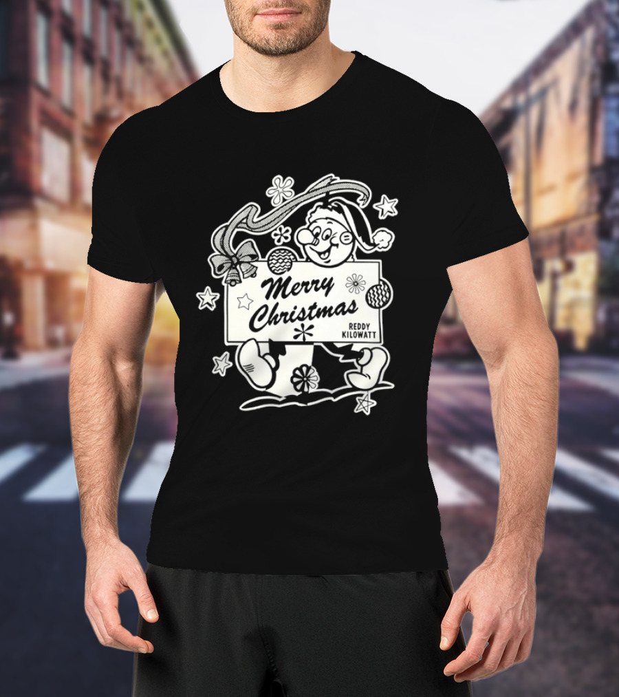 Reddy Kilowatt Merry Christmas Holiday Print Concept With Snowflakes T-Shirt