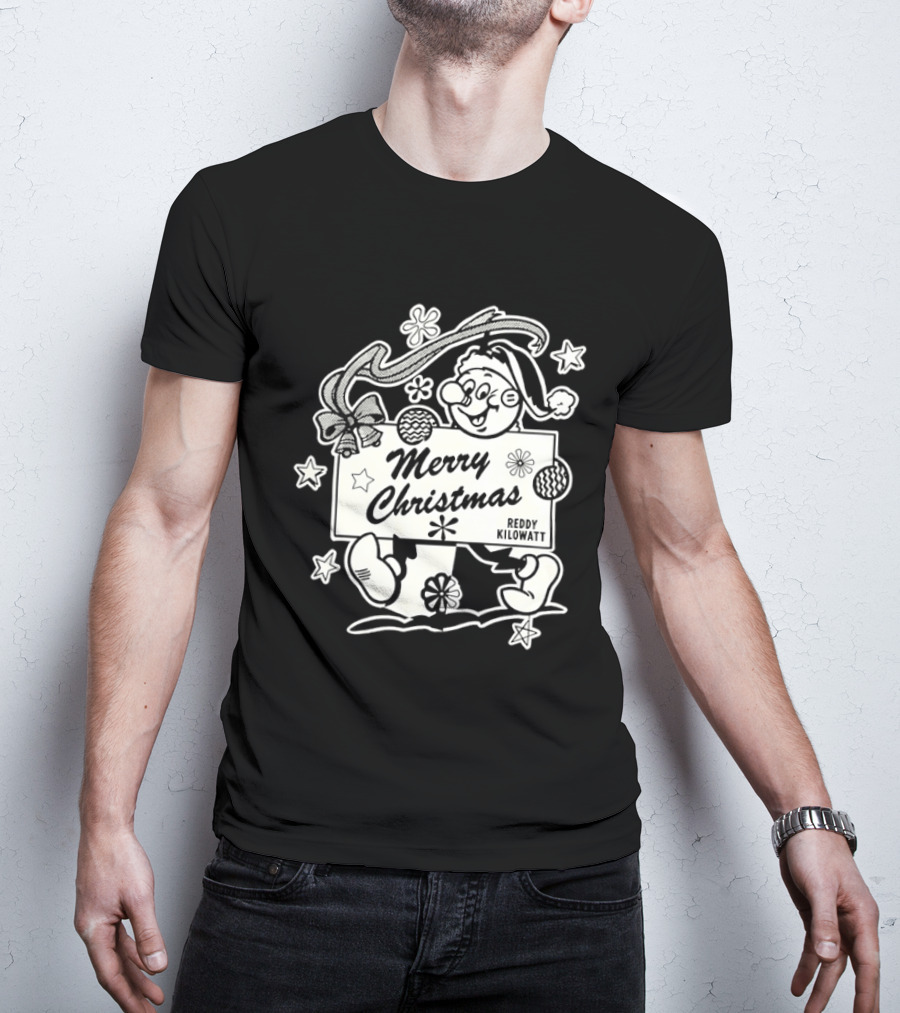 Reddy Kilowatt Merry Christmas Holiday Print Concept With Snowflakes T-Shirt