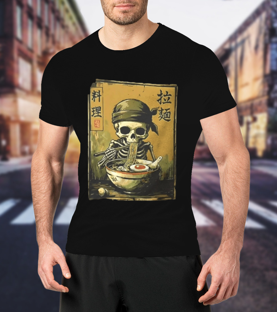 Skeleton Ramen Eating Kanji Cooking Noodles T-Shirt