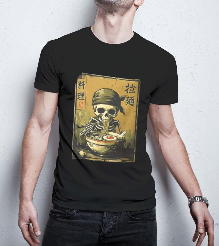 Skeleton Ramen Eating Kanji Cooking Noodles T-Shirt