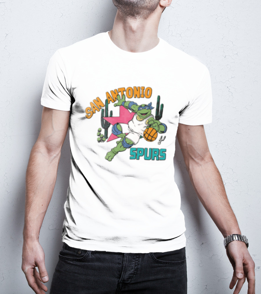 San Antonio Spurs Cartoon Turtle Dribbling Basketball Cacti T-Shirt