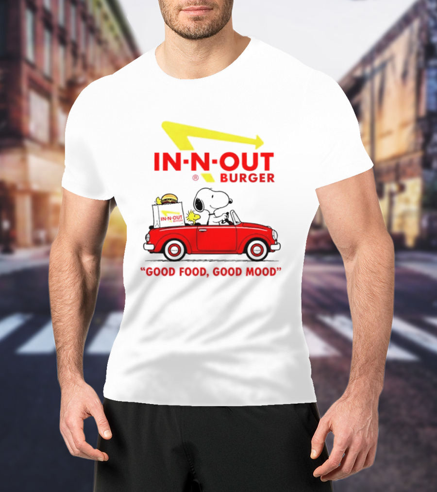 In N Out Burger Snoopy Woodstock Driving Red Convertible Good Food Good Mood T-Shirt