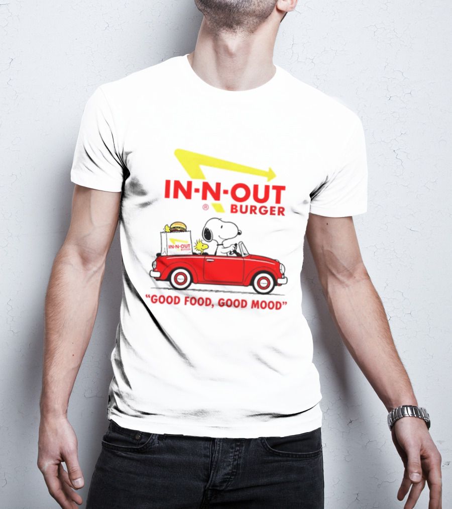In N Out Burger Snoopy Woodstock Driving Red Convertible Good Food Good Mood T-Shirt