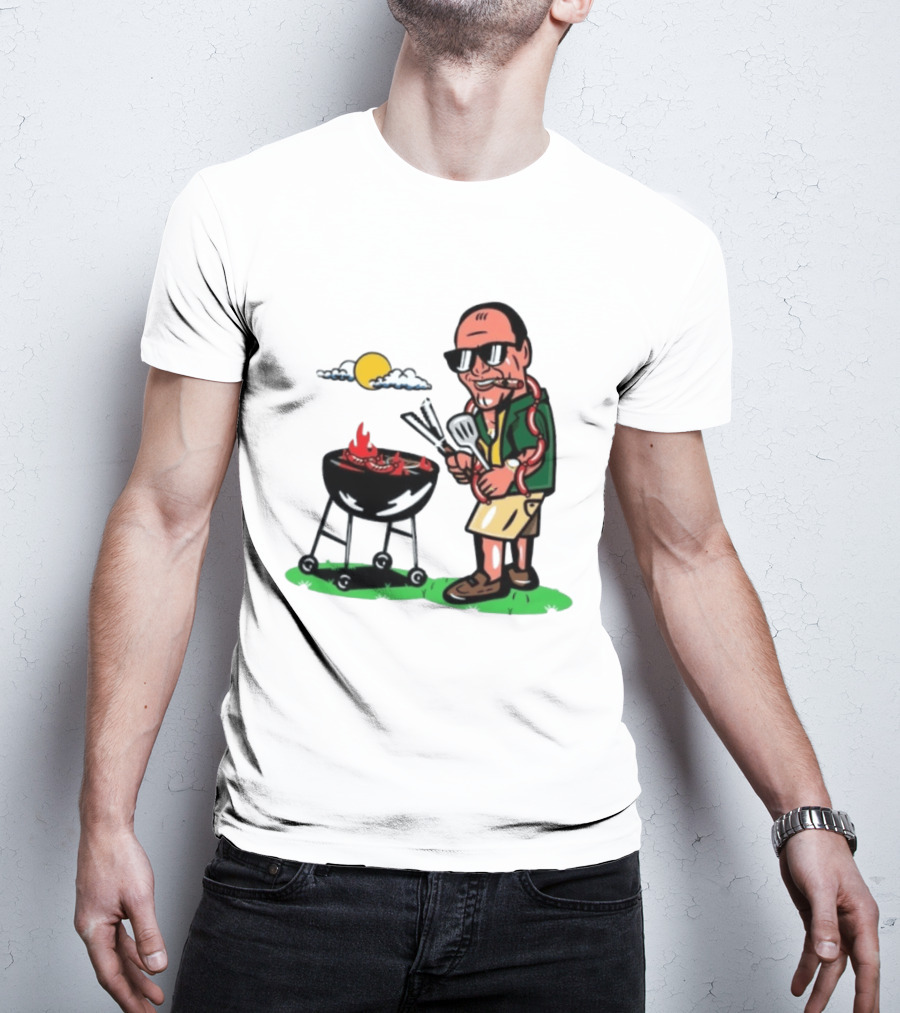 Tony Soprano Grilling Sausages Cartoon Funny BBQ Scene T-Shirt