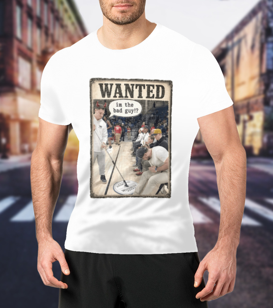 Wanted Im The Bad Guy Wintrust Arena Man Sweeping Floor Devil Horns T-Shirt