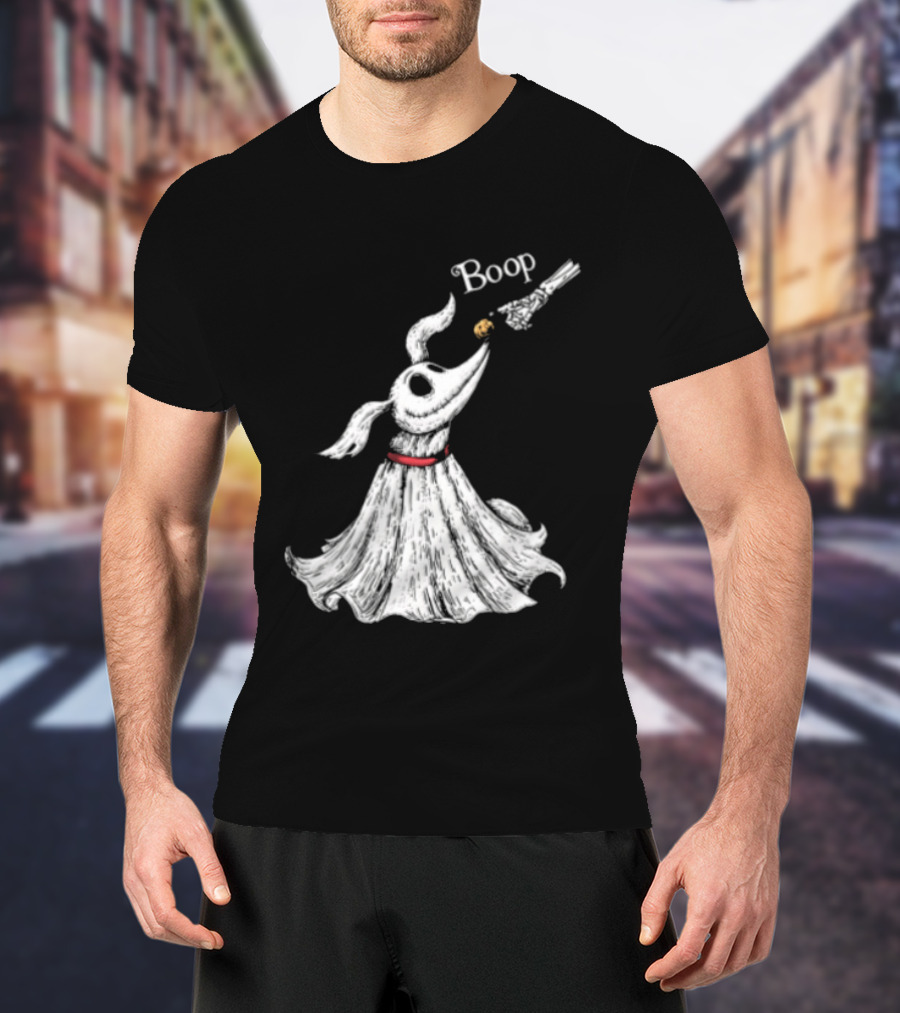Boop Skeletal Hand Touching Pumpkin Nose With Ghostly Dog Line Sketch T-Shirt