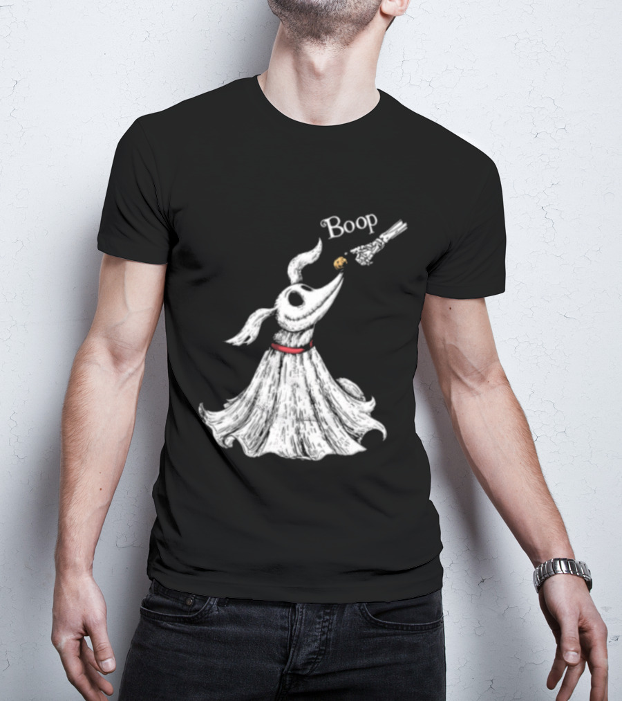 Boop Skeletal Hand Touching Pumpkin Nose With Ghostly Dog Line Sketch T-Shirt