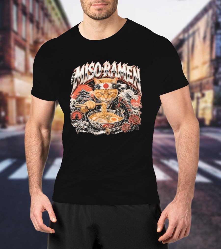 Miso Ramen Samurai Cat Japanese Foodie Bowls Japan Culture T-Shirt
