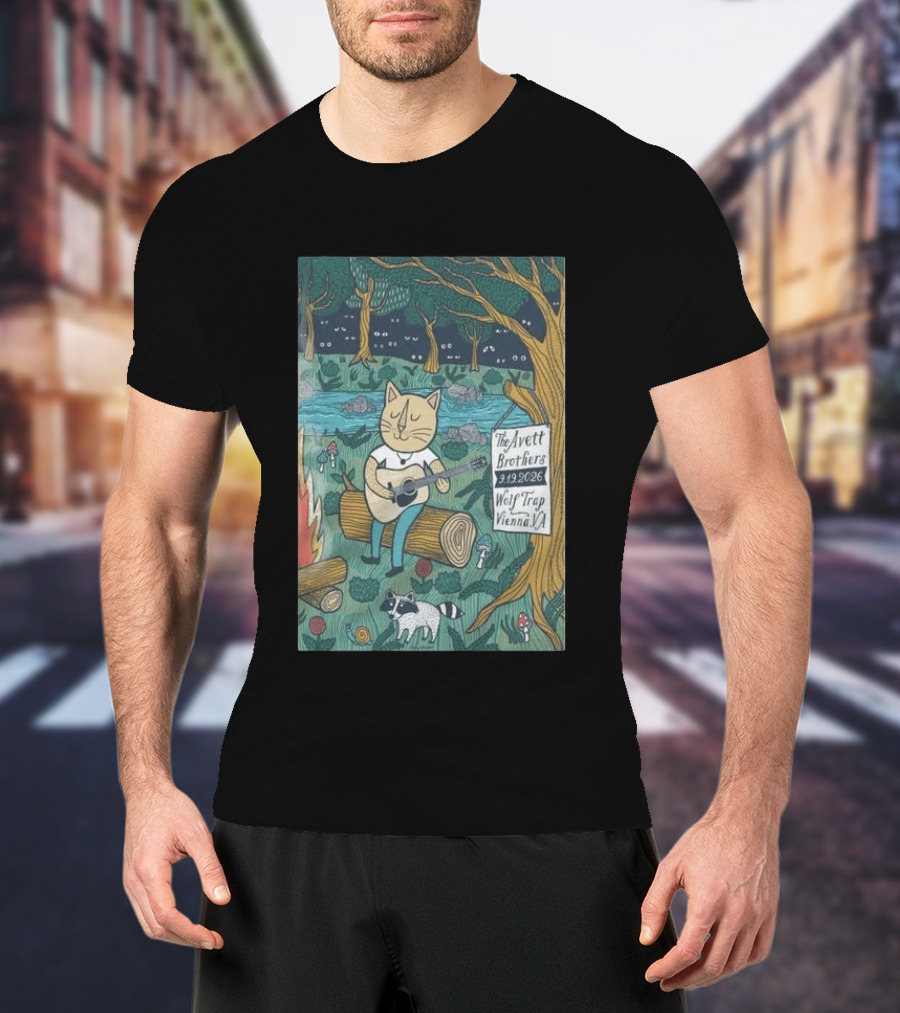 The Avett Brothers Wolf Trap Vienna Virginia 2026 Concert Cat Playing Guitar In Forest Scene T-Shirt