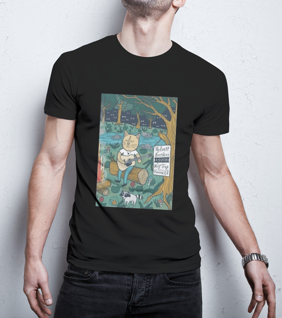 The Avett Brothers Wolf Trap Vienna Virginia 2026 Concert Cat Playing Guitar In Forest Scene T-Shirt