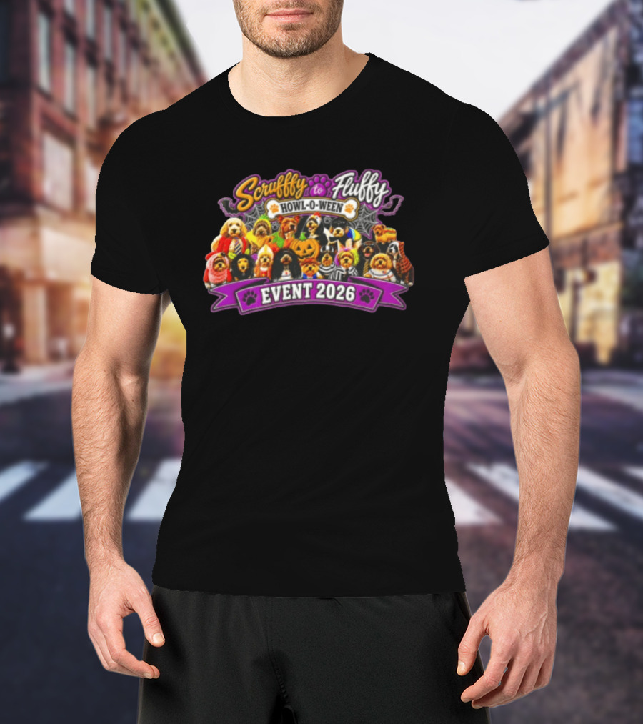 Scruffy To Fluffy Howl O Ween Event 2026 Many Dogs Wearing Halloween Costumes T-Shirt