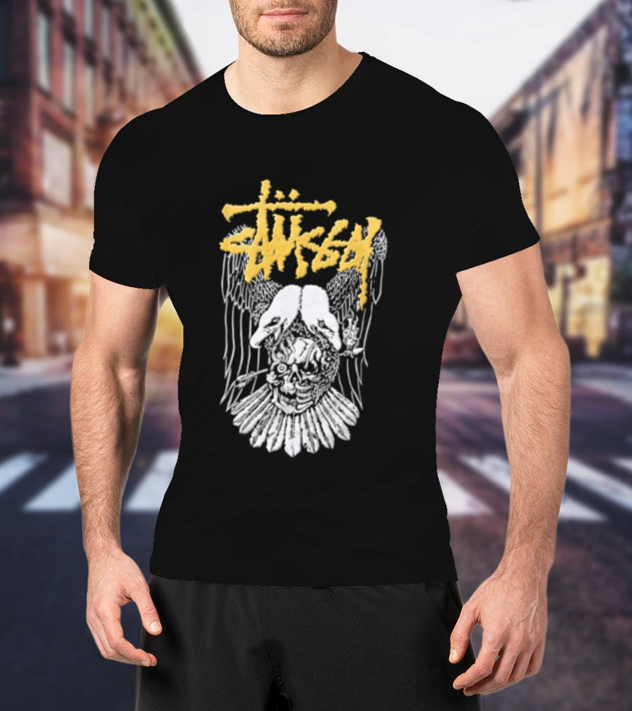 Stussy Two Headed Eagle Skull Yellow Text White Sketch T-Shirt