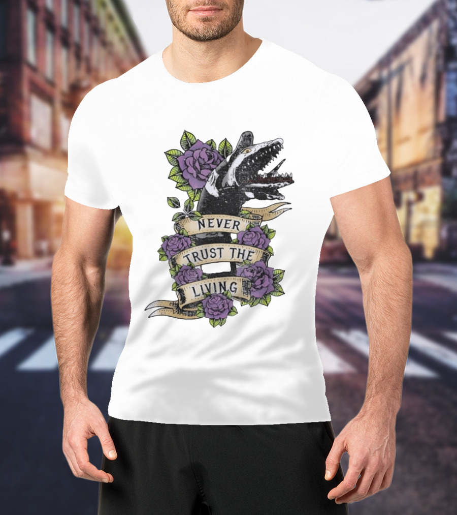 Beetlejuice Never Trust The Living Floral Banner With Sandworm And Purple Roses T-Shirt