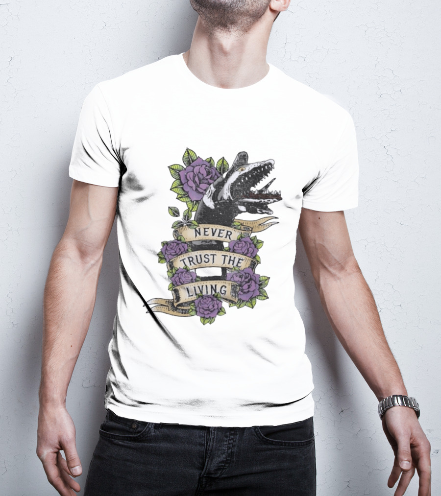 Beetlejuice Never Trust The Living Floral Banner With Sandworm And Purple Roses T-Shirt