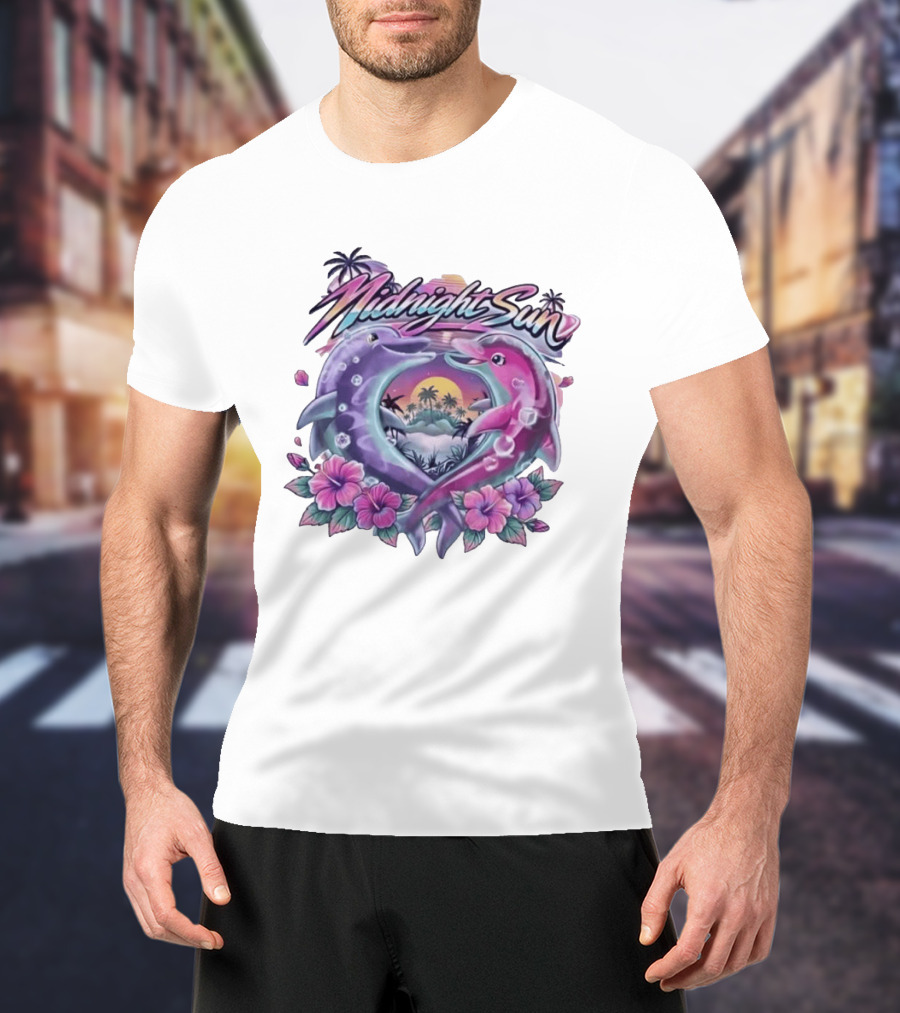Midnight Sun Heart Dolphins Tropical Sunset T-Shirt