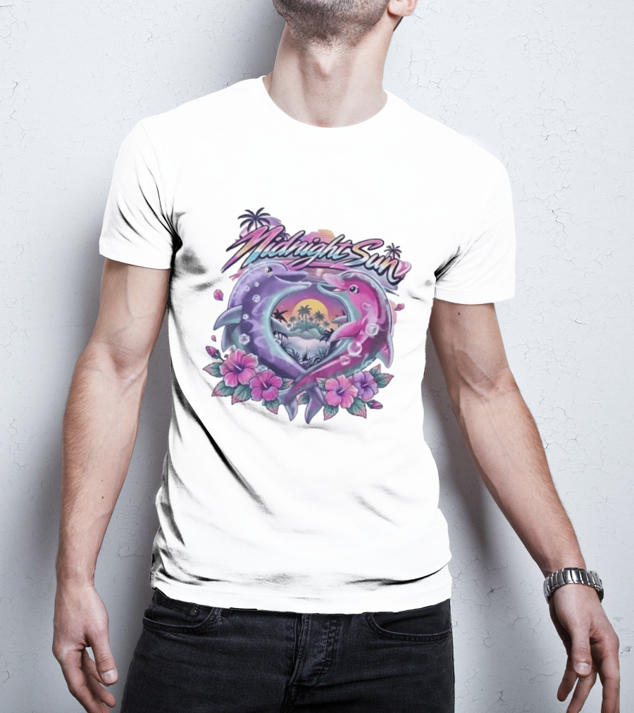 Midnight Sun Heart Dolphins Tropical Sunset T-Shirt