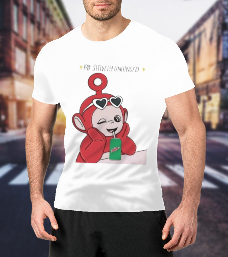 Po Sitively Unhinged Funny Red Teletubby Heart Sunglasses Drinking Mtn Dew T-Shirt