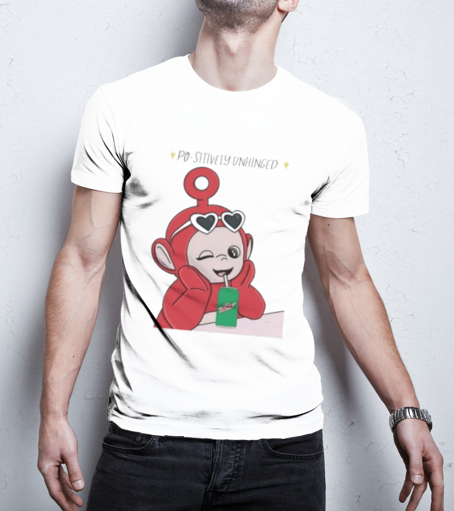Po Sitively Unhinged Funny Red Teletubby Heart Sunglasses Drinking Mtn Dew T-Shirt