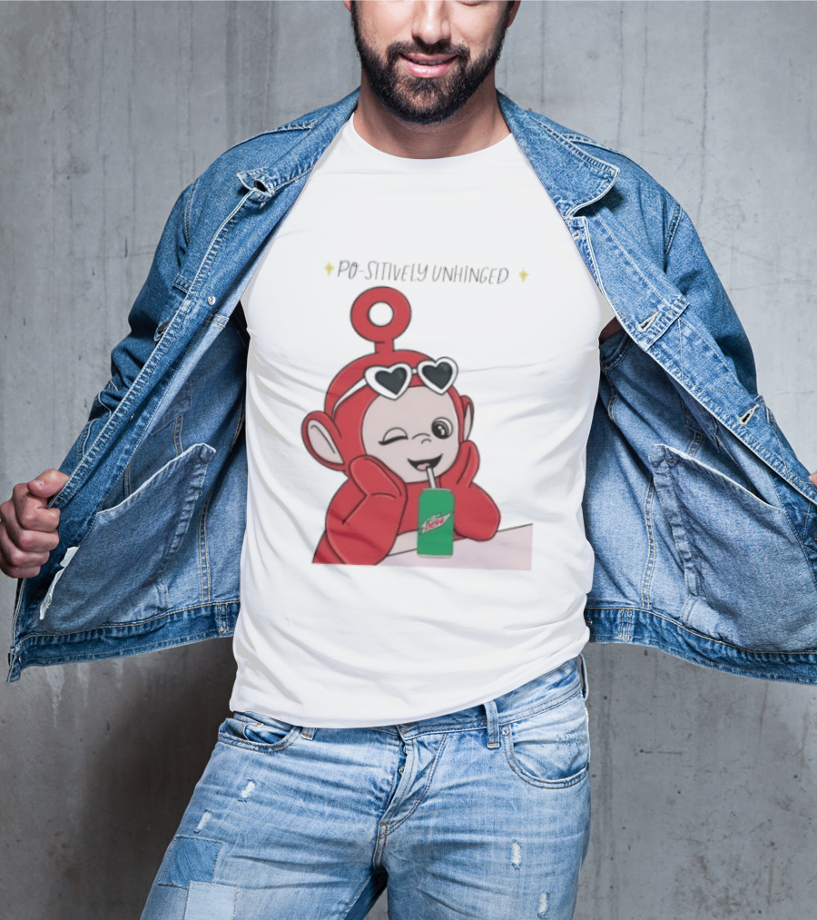 Po Sitively Unhinged Funny Red Teletubby Heart Sunglasses Drinking Mtn Dew T-Shirt