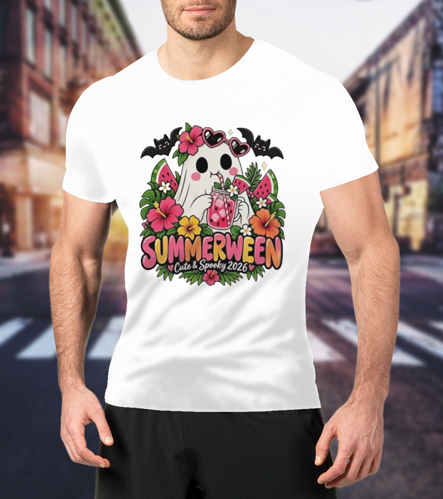 Summerween Cute And Spooky 2026 Ghost With Tropical Flowers And Bats T-Shirt