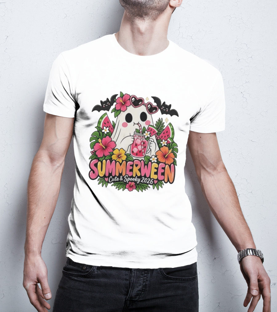 Summerween Cute And Spooky 2026 Ghost With Tropical Flowers And Bats T-Shirt
