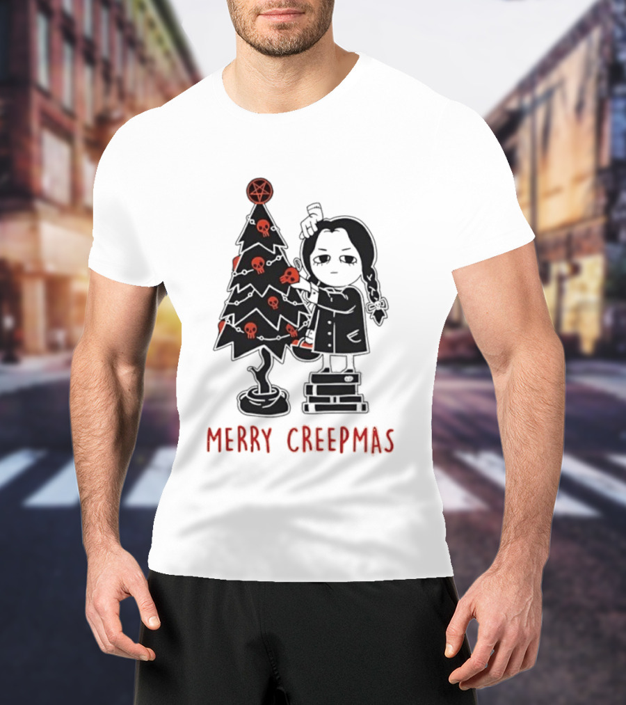 Wednesday Addams Merry Creepmas Goth Christmas Skulls Tree T-Shirt