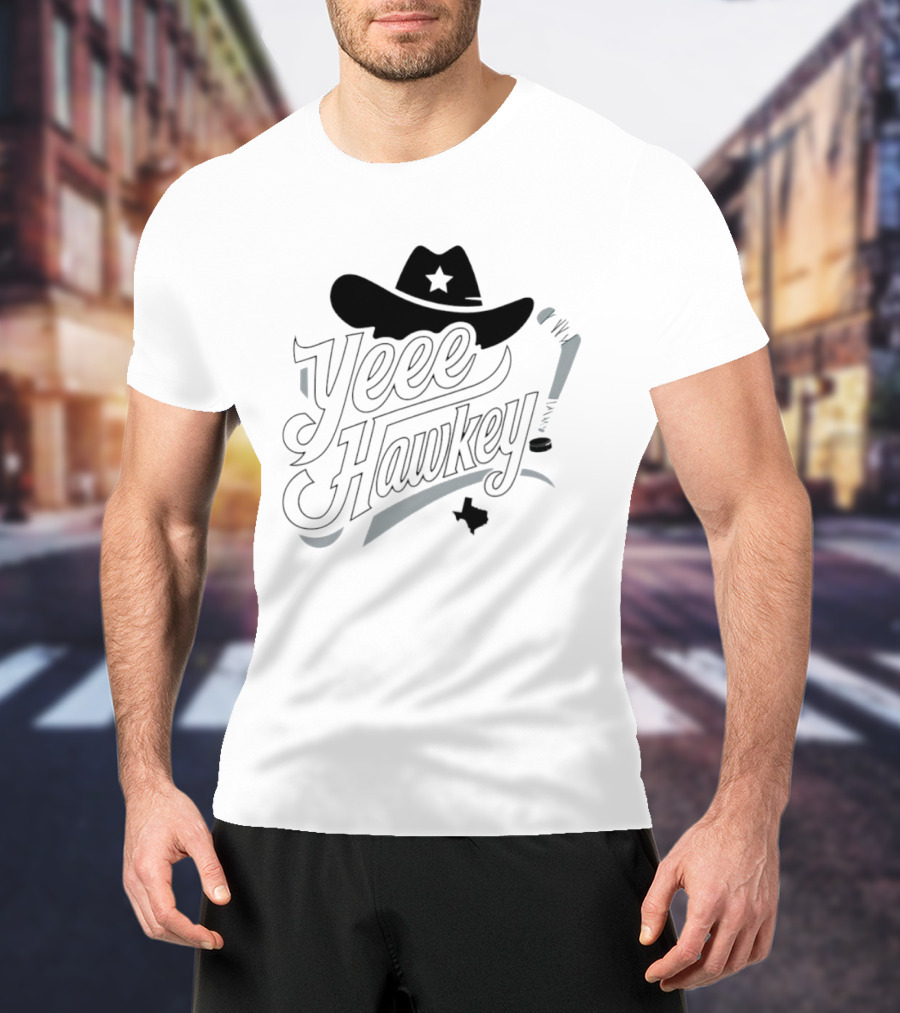 Texas Cowboy Hockey Yeee Hawkey With Star Hat And Sticks T-Shirt