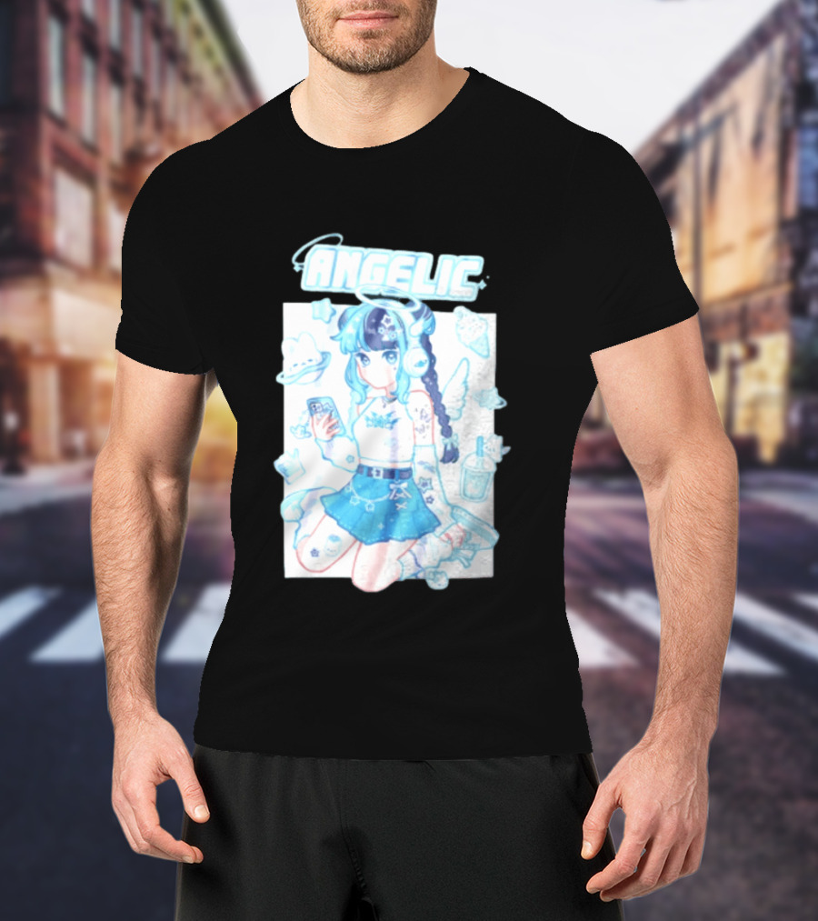 Angelic Anime Girl Halo Wings Headphones Cute Aesthetic Kawaii T-Shirt