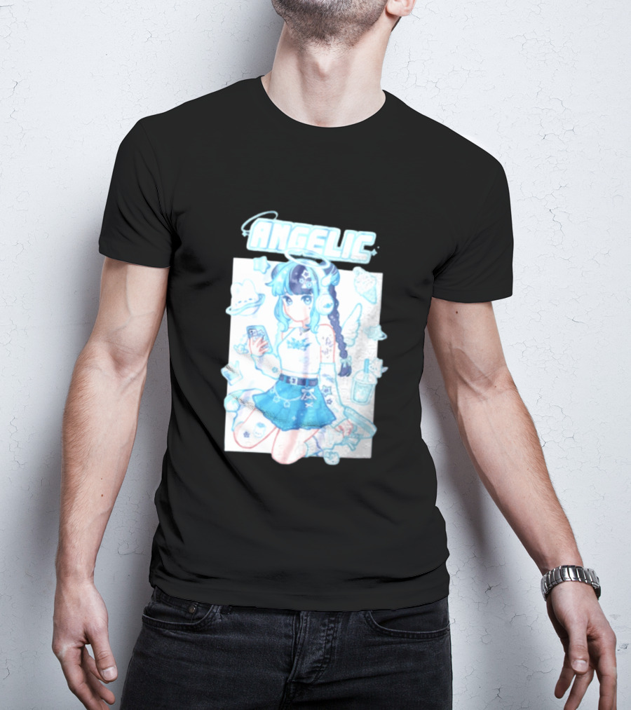 Angelic Anime Girl Halo Wings Headphones Cute Aesthetic Kawaii T-Shirt