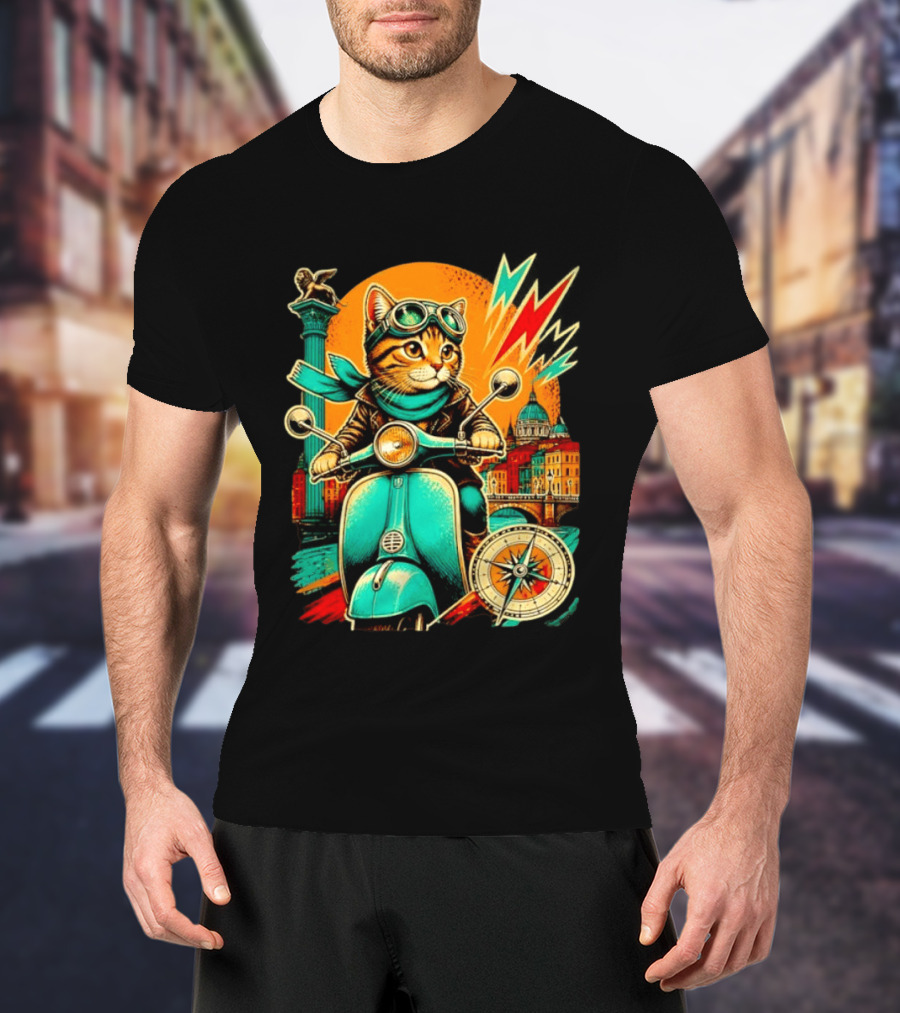Cat On Scooter Adventure In Venice With Vibrant Cityscape And Compass T-Shirt