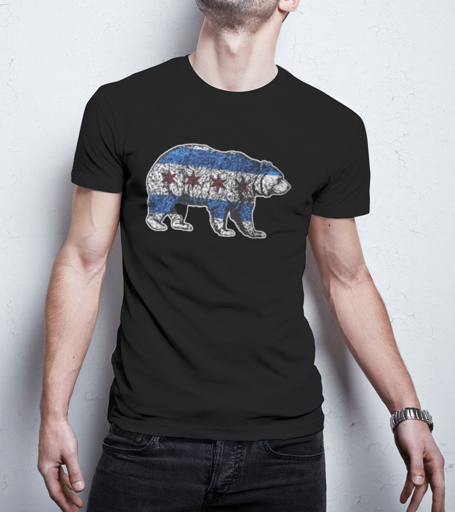Chicago Bears Grizzly Bear Chicago Flag Stars Blue Stripes T-Shirt