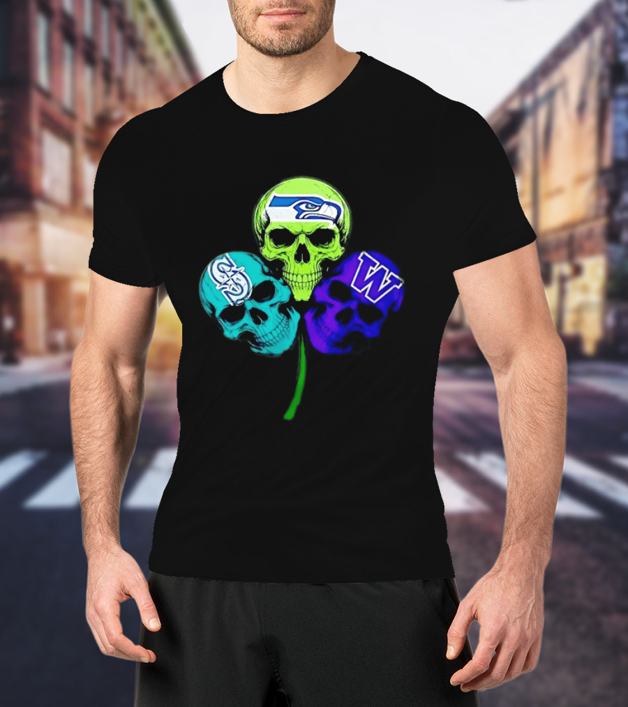 Seattle Seahawks Mariners Washington Huskies Shamrock Skulls T-Shirt
