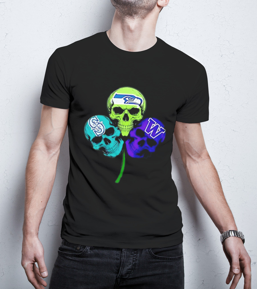 Seattle Seahawks Mariners Washington Huskies Shamrock Skulls T-Shirt