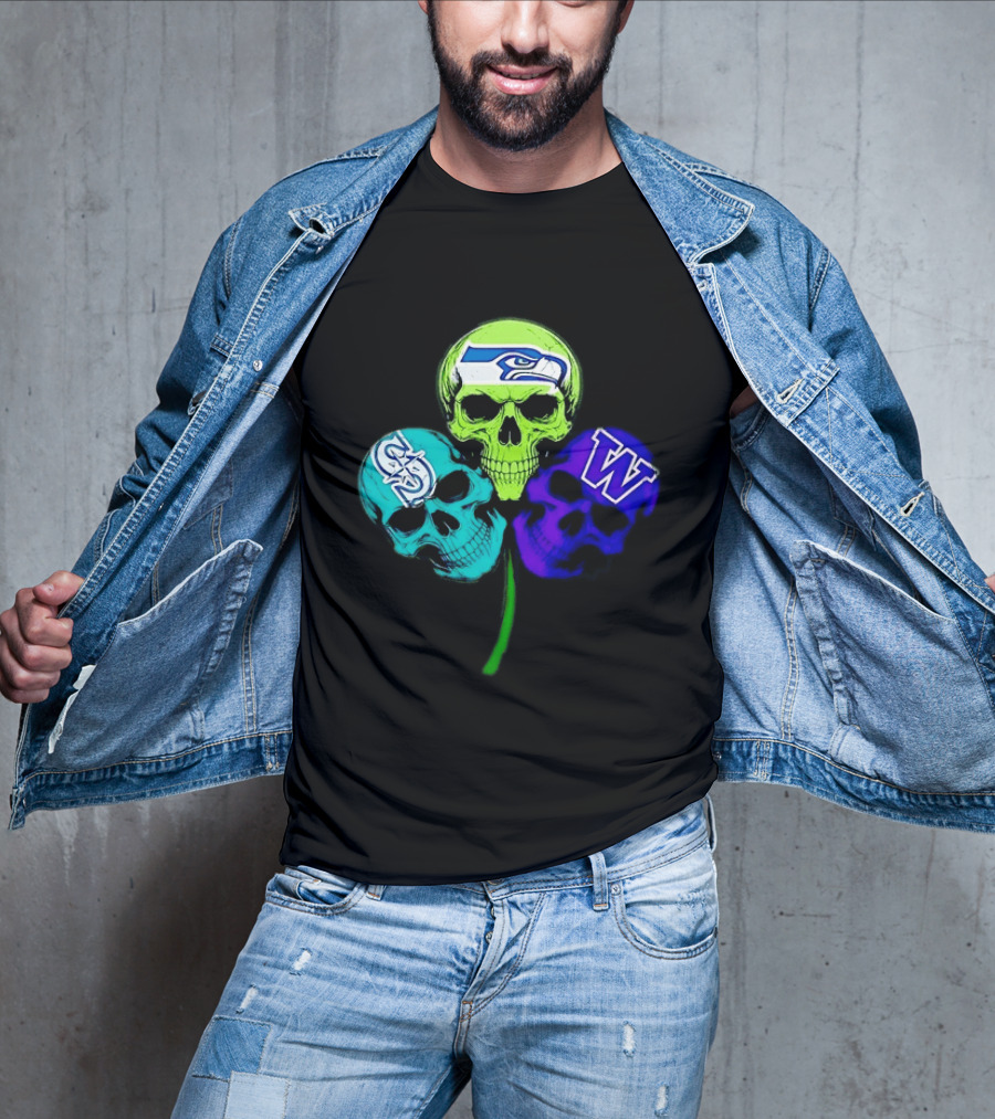 Seattle Seahawks Mariners Washington Huskies Shamrock Skulls T-Shirt