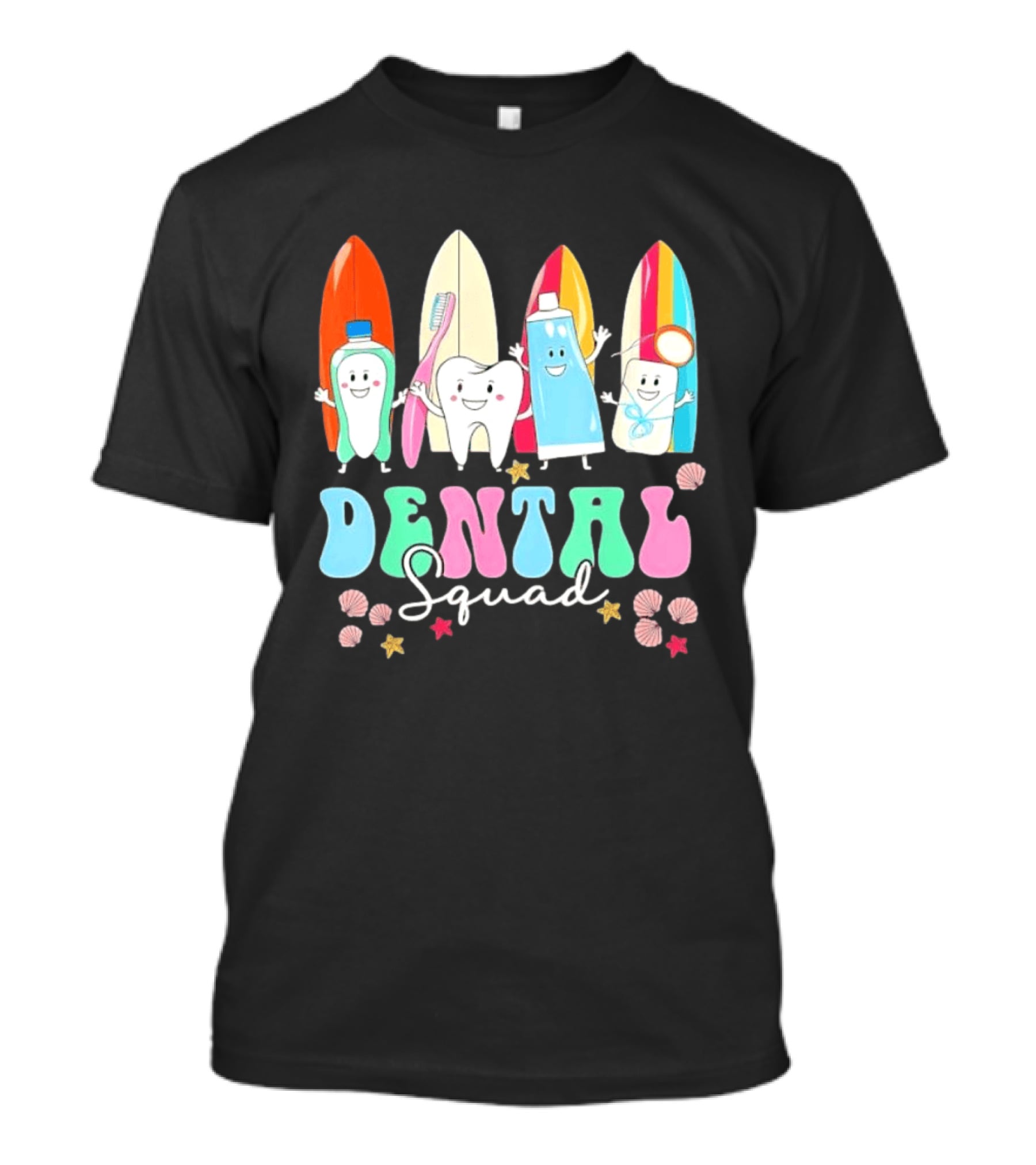 Dental Squad Toothpaste Toothbrush Floss Surfboards Fun Playful T-Shirt